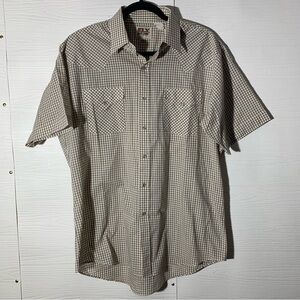 Vintage Ely Cattleman Beige Brown Plaid Pearl Snap Western Shirt Short Sleeve